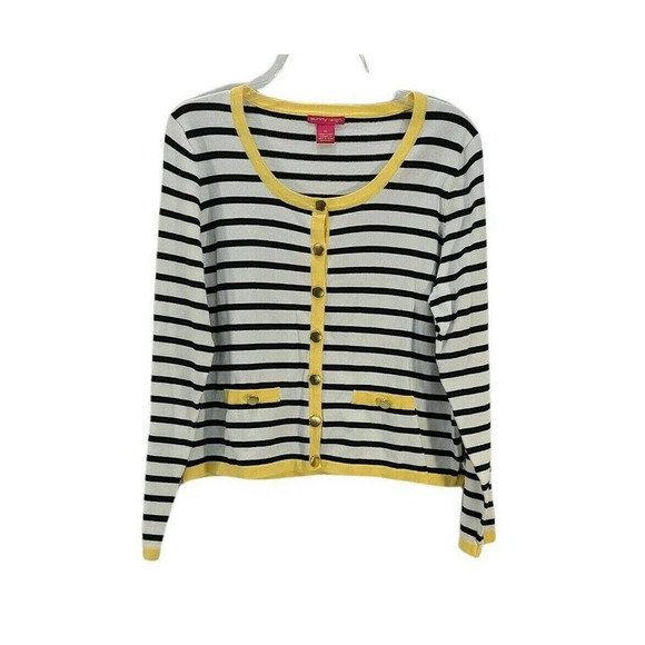 Sunny Leigh Black Striped Sweater Cardigan Yellow Trim Button Front Women XL